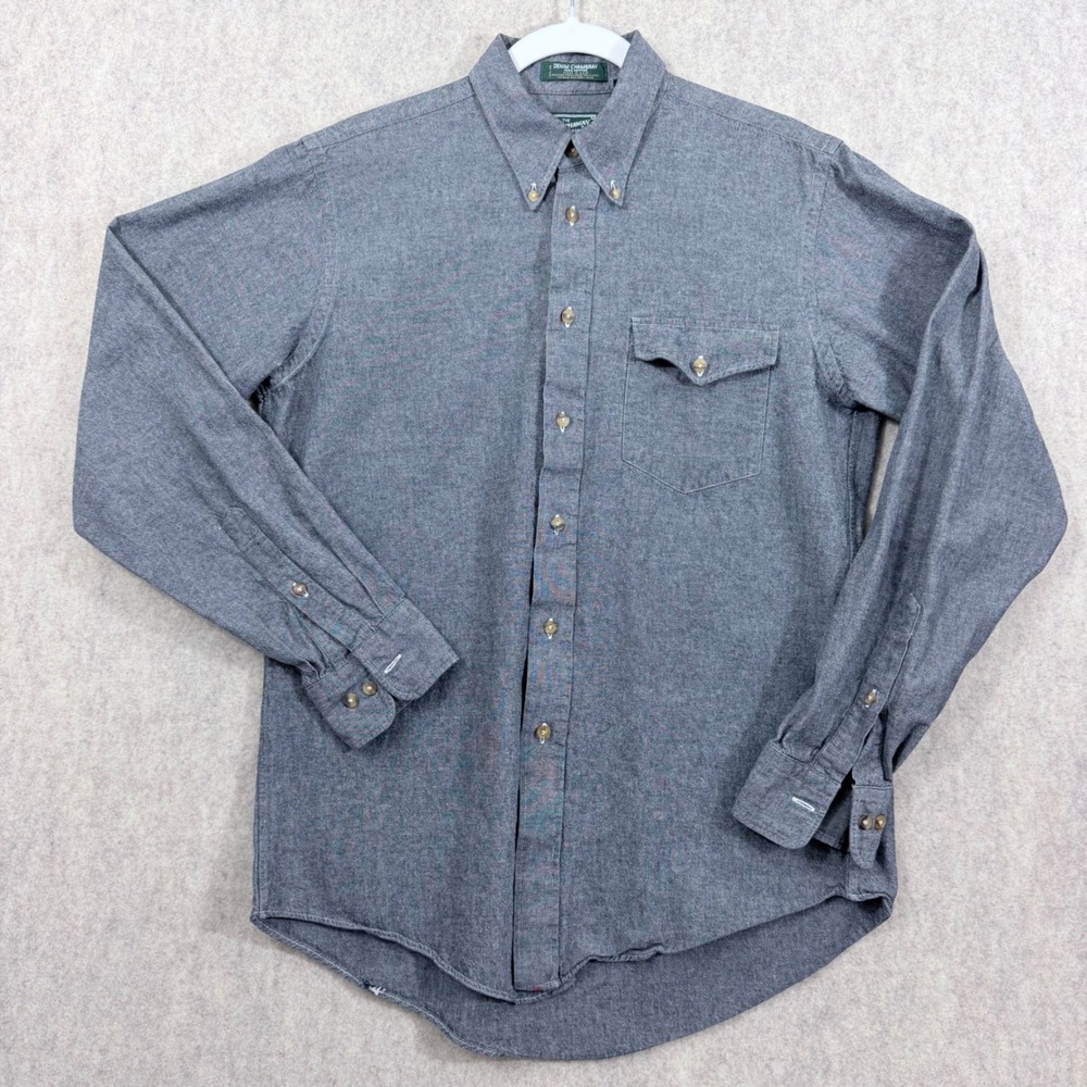 Vintage Hathaway Shirt Mens 15.5 M Grey Denim Chambray Made in USA Button Down⁠